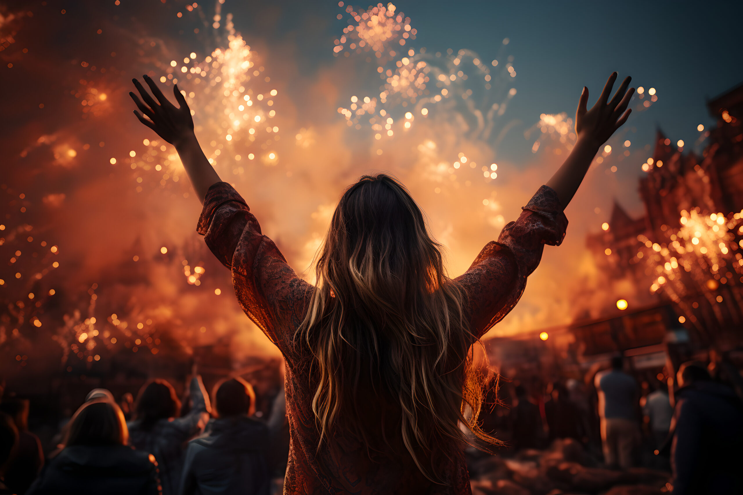 Young woman in an audience dancing and cheering enjoying their favorite bands performance at festival concert