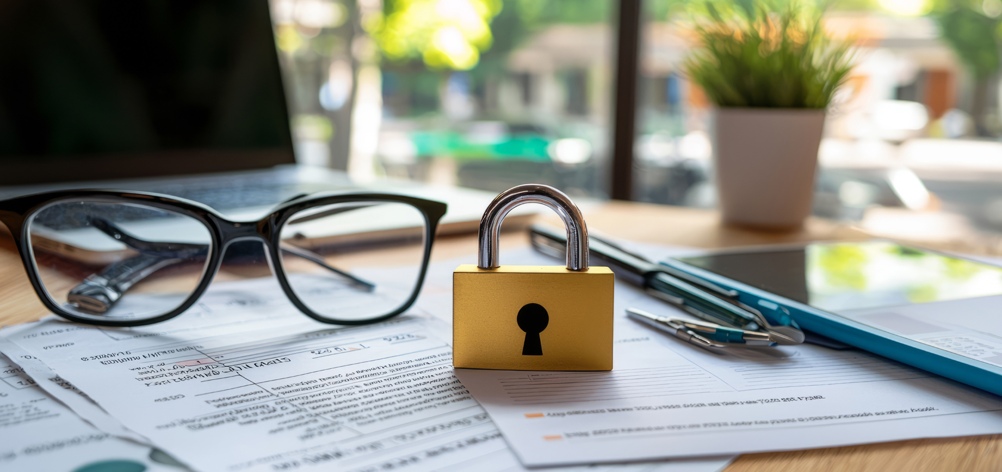 Tax document with a lock and glasses on top