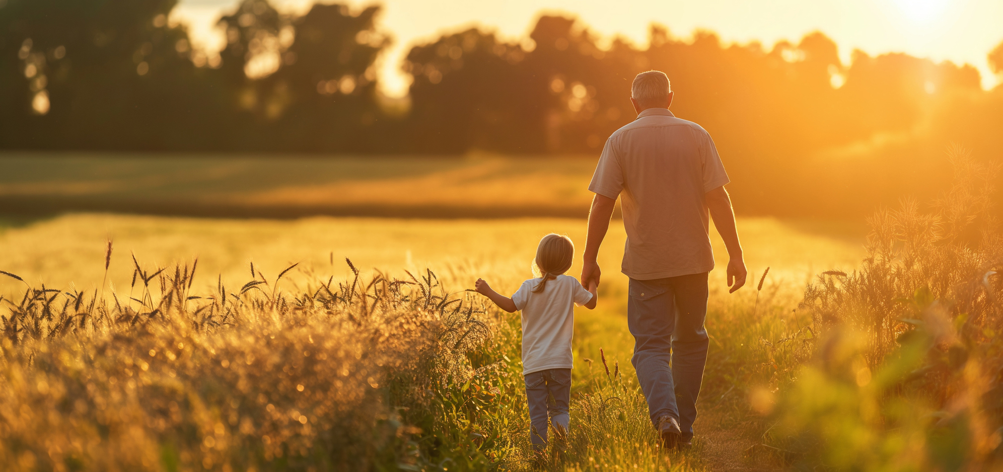 Grandfather with granddaughter walking through a field