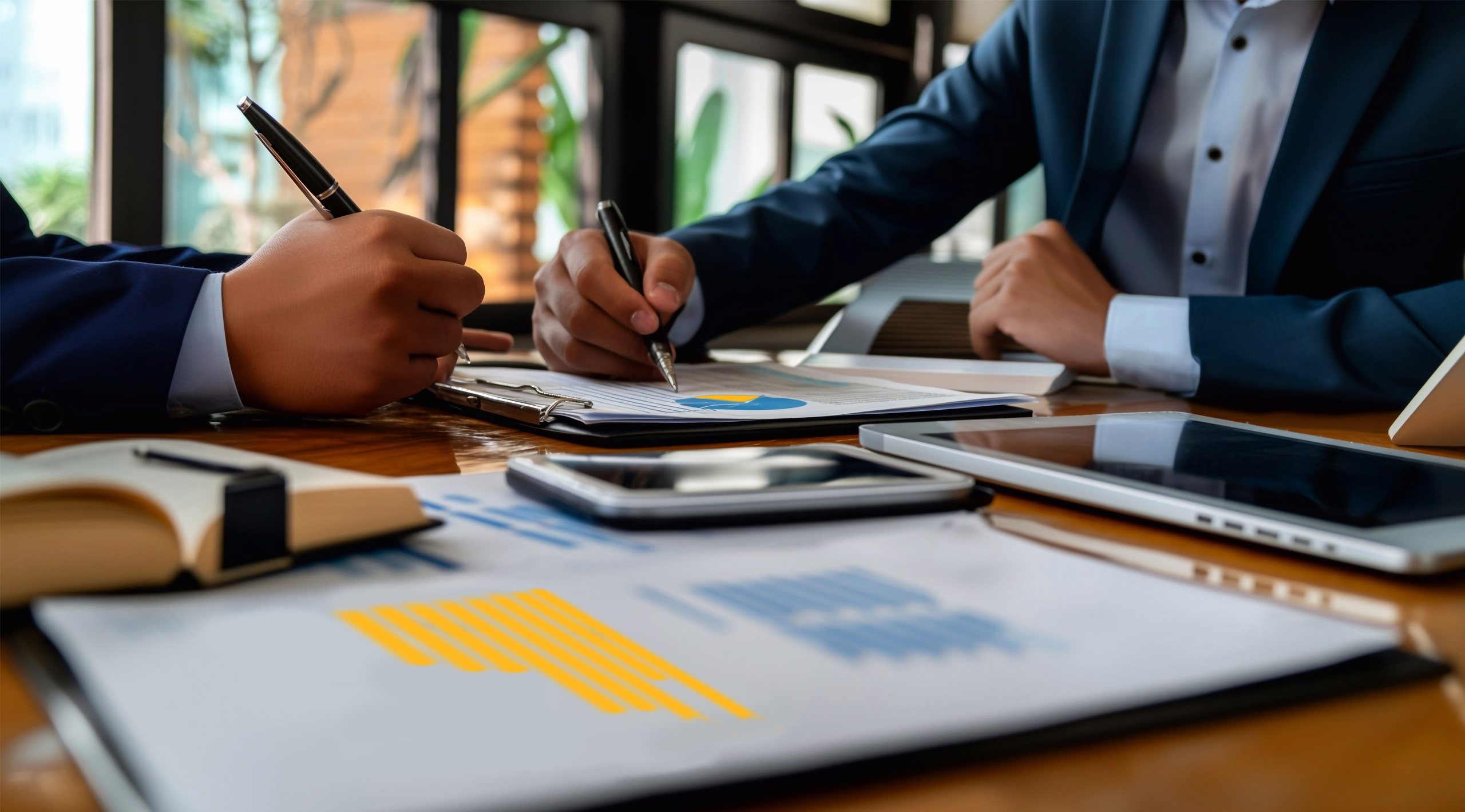 Two business people reviewing charts and graphs